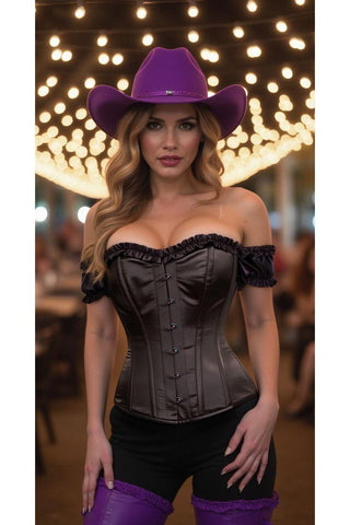 Top Drawer Steel Boned Black Satin Overbust Corset w/Sleeves - Daisy Corsets