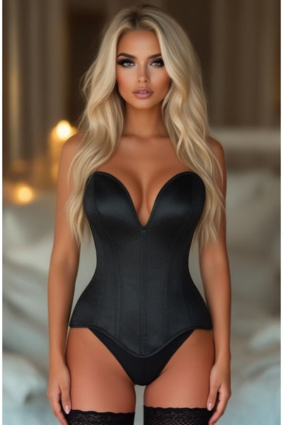Top Drawer Steel Boned Black Satin Plunge Neckline Overbust Corset - Daisy Corsets
