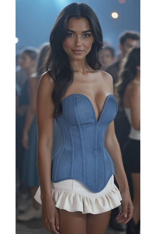 Top Drawer Steel Boned Blue Denim Plunge Neckline Overbust Corset - Daisy Corsets