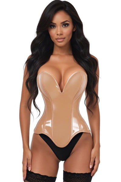 Top Drawer Steel Boned Caramel Patent Plunge Neckline Overbust Corset - Daisy Corsets