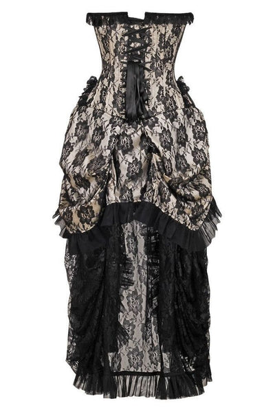 Top Drawer Steel Boned Cream w/Black Lace Bustle Corset Dress - Daisy Corsets