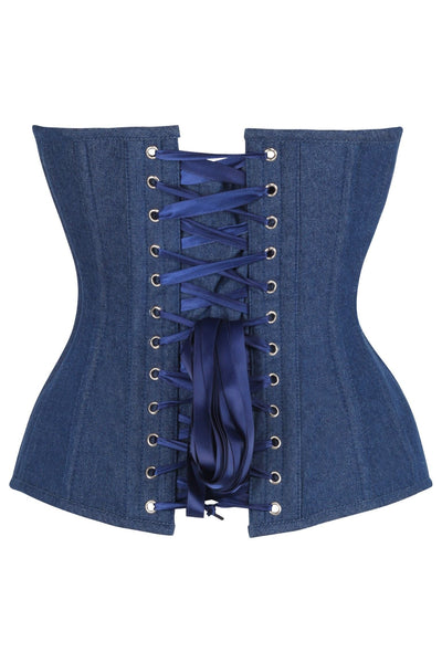 Top Drawer Steel Boned Dark Blue Denim Plunge Neckline Overbust Corset - Daisy Corsets