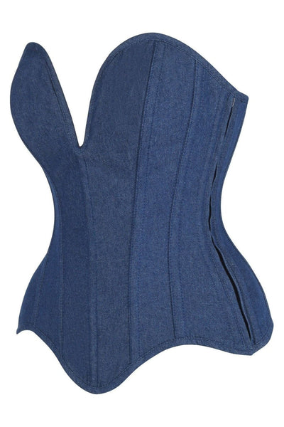 Top Drawer Steel Boned Dark Blue Denim Plunge Neckline Overbust Corset - Daisy Corsets