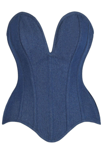 Top Drawer Steel Boned Dark Blue Denim Plunge Neckline Overbust Corset - Daisy Corsets