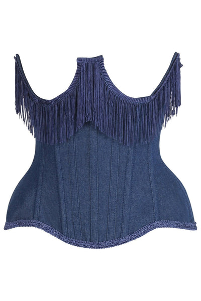 Top Drawer Steel Boned Dark Blue Denim Underwire Underbust Corset Cincher w/Fringe - Daisy Corsets