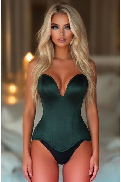 Top Drawer Steel Boned Dark Green Satin Plunge Neckline Overbust Corset - Daisy Corsets