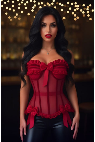 Top Drawer Steel Boned Dark Red Mesh & Velvet Underwire Bustier Corset - Daisy Corsets