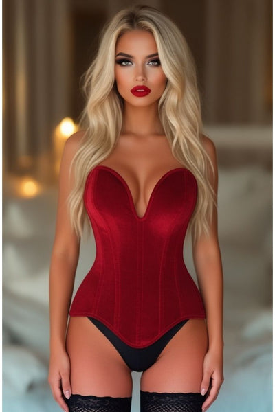 Top Drawer Steel Boned Dark Red Velvet Plunge Neckline Overbust Corset - Daisy Corsets