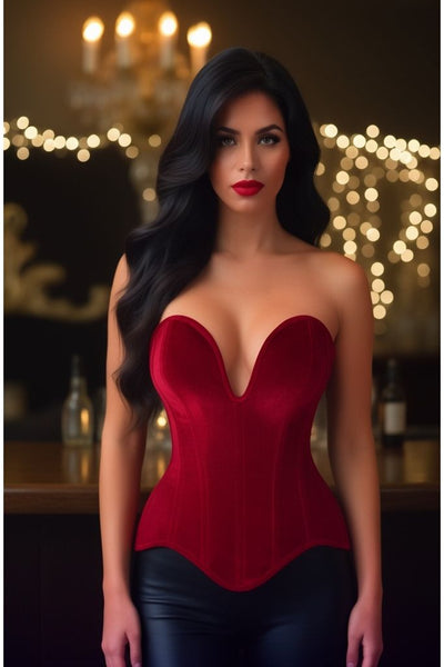 Top Drawer Steel Boned Dark Red Velvet Plunge Neckline Overbust Corset - Daisy Corsets