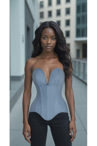 Top Drawer Steel Boned Light Blue Denim Plunge Neckline Overbust Corset - Daisy Corsets