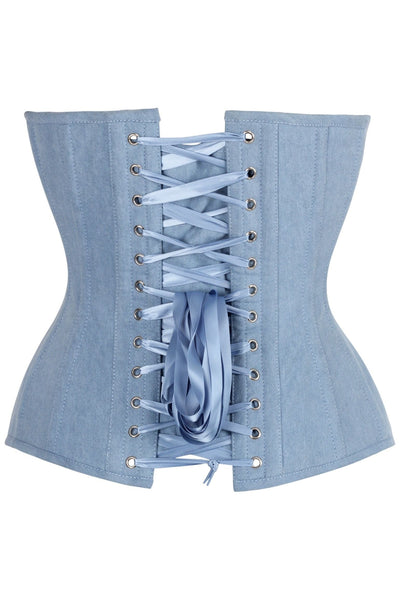 Top Drawer Steel Boned Light Blue Denim Plunge Neckline Overbust Corset - Daisy Corsets