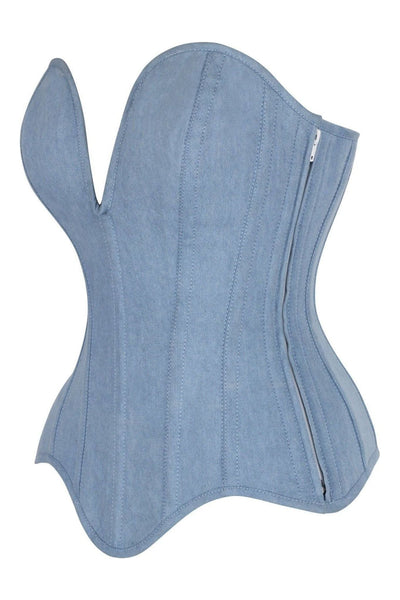 Top Drawer Steel Boned Light Blue Denim Plunge Neckline Overbust Corset - Daisy Corsets