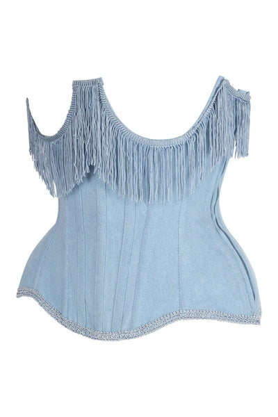 Top Drawer Steel Boned Light Blue Denim Underwire Underbust Corset Cincher w/Fringe - Daisy Corsets