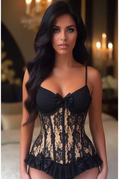Top Drawer Steel Boned Nude/Black Lace Underwire Burlesque Underbust Corset Cincher - Daisy Corsets