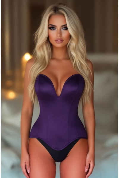 Top Drawer Steel Boned Plum Satin Plunge Neckline Overbust Corset - Daisy Corsets