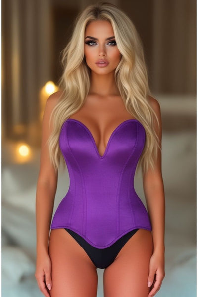 Top Drawer Steel Boned Purple Satin Plunge Neckline Overbust Corset - Daisy Corsets