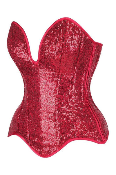 Top Drawer Steel Boned Red Sequin Plunge Neckline Overbust Corset - Daisy Corsets