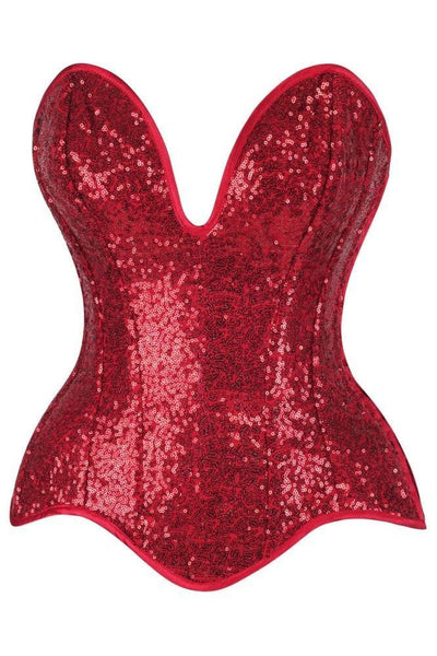 Top Drawer Steel Boned Red Sequin Plunge Neckline Overbust Corset - Daisy Corsets