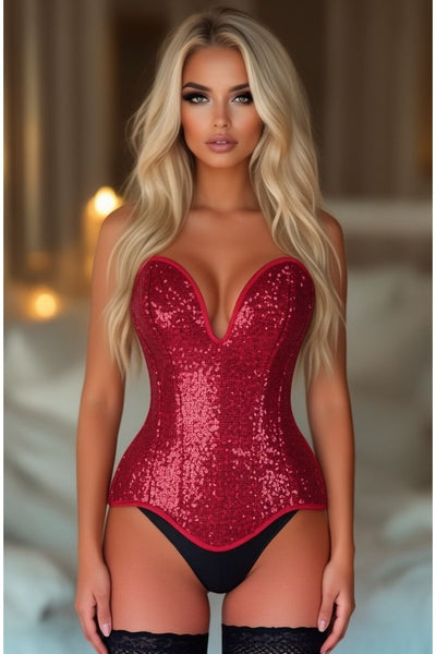Top Drawer Steel Boned Red Sequin Plunge Neckline Overbust Corset - Daisy Corsets