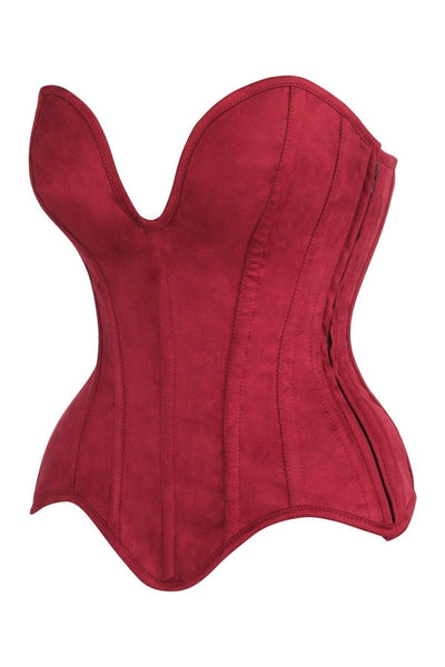 Top Drawer Steel Boned Red Suede Deep Plunge Overbust Corset Top - Daisy Corsets