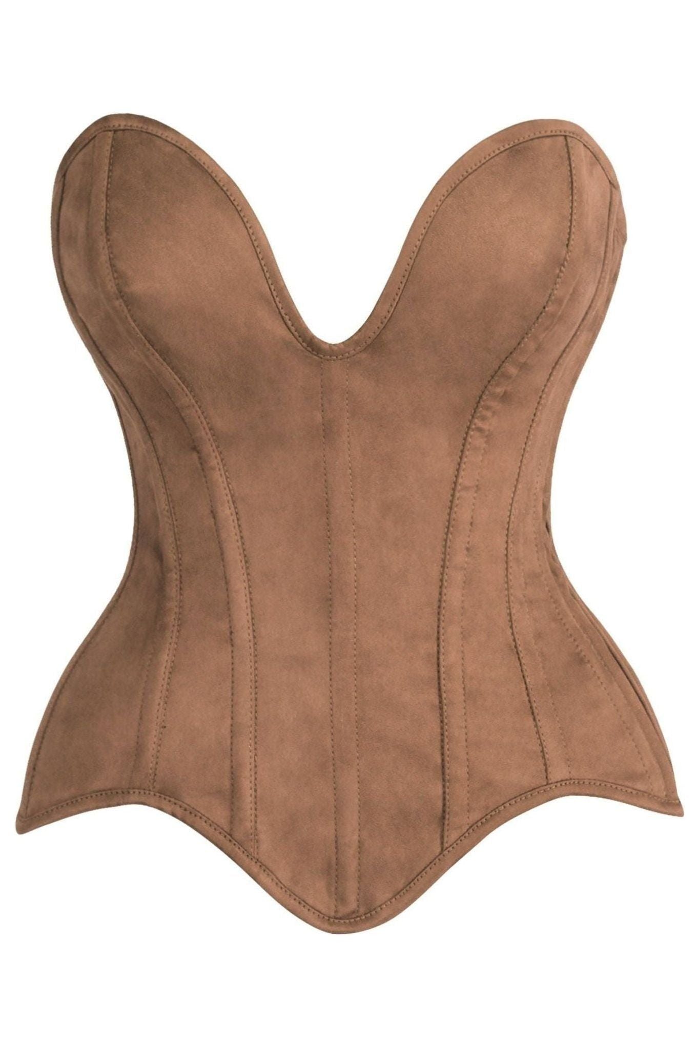 Top Drawer Steel Boned Tan Suede Deep Plunge Overbust Corset Top - Daisy Corsets