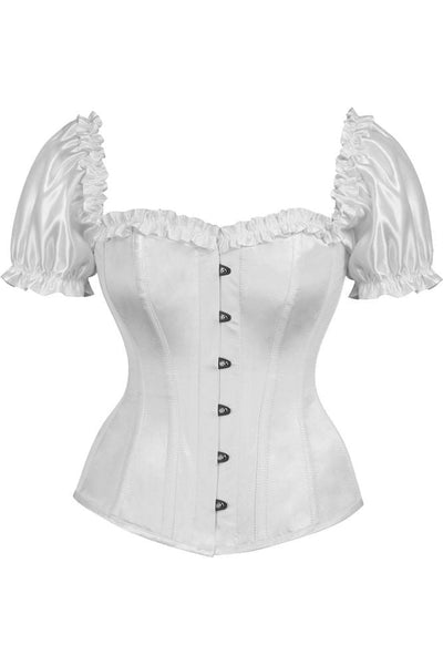 Top Drawer Steel Boned White Satin Overbust Corset w/Sleeves - Daisy Corsets