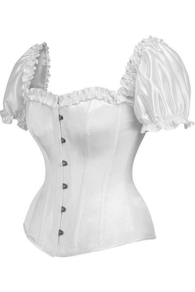Top Drawer Steel Boned White Satin Overbust Corset w/Sleeves - Daisy Corsets