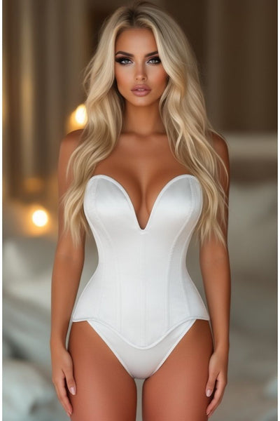 Top Drawer Steel Boned White Satin Plunge Neckline Overbust Corset - Daisy Corsets