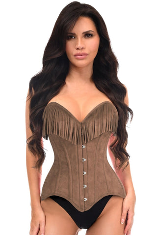 Top Drawer Tan Suede Steel Boned Overbust Corset w/Fringe - Daisy Corsets