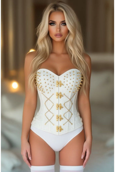 Top Drawer White Brocade & Gold Spikes Steel Boned Overbust Corset - Daisy Corsets