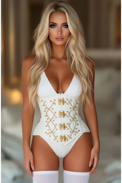 Top Drawer White Brocade & Gold Spikes Steel Boned Underbust Corset - Daisy Corsets