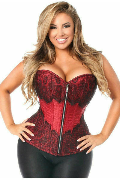 Top Drawer Wine Brocade Steel Boned Corset w/Black Eyelash Lace - Daisy Corsets