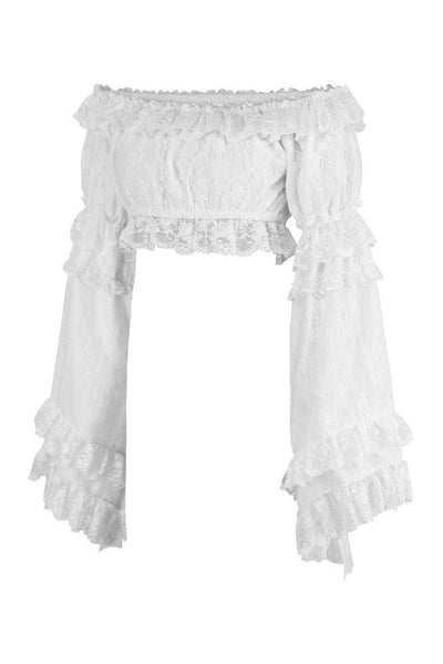 White Lace Smocked Flare Sleeve Peasant Top - Daisy Corsets
