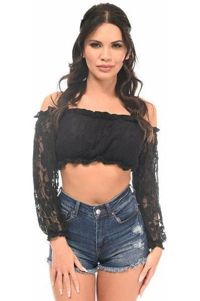 Black Lined Lace Long Sleeve Peasant Top