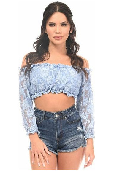 Lt Blue Lined Lace Long Sleeve Peasant Top