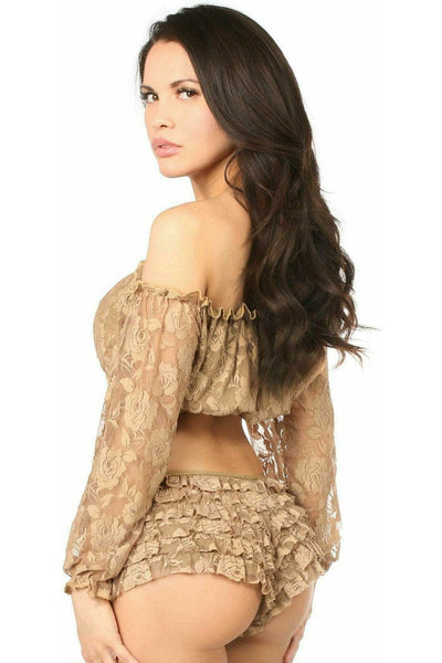 Beige Lined Lace Long Sleeve Peasant Top - Daisy Corsets