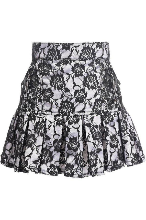 White Satin w/Black Lace Overlay Lace-Up Skirt