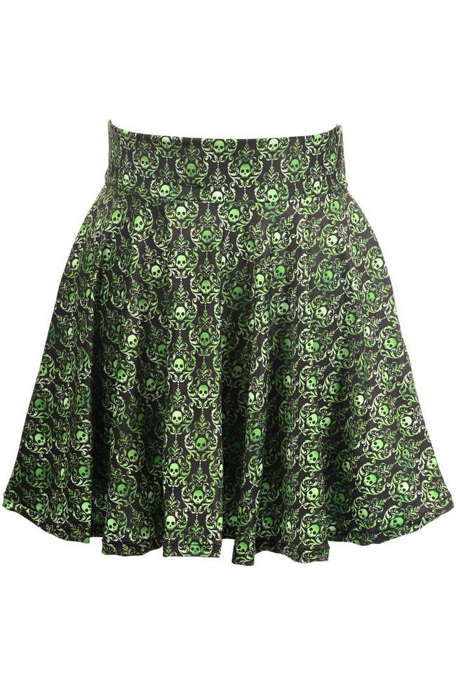 Green Skulls Gothic Print Stretch Lycra Skirt