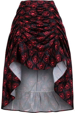 Red & Black Skull Satin Adjustable High Low Skirt - 34" Long