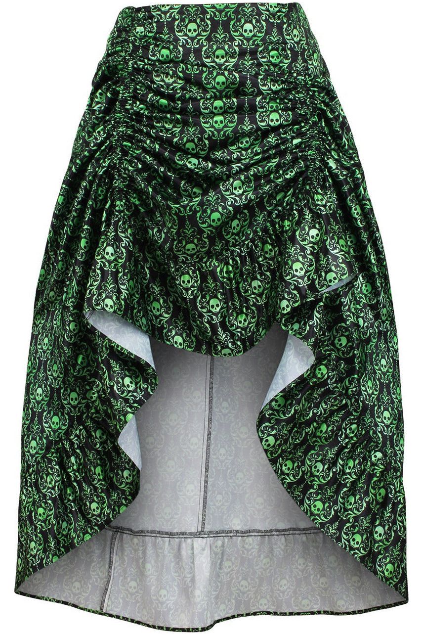 Green & Black Skull Satin Adjustable High Low Skirt - 34" Long