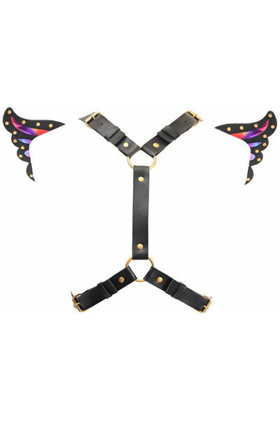 Black Faux Leather & Rainbow Holo Butterfly Wing Harness