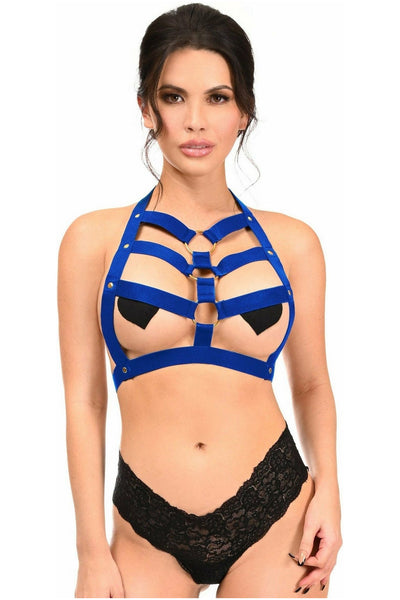 BOXED Royal Blue Stretchy Body Harness w/Gold Hardware