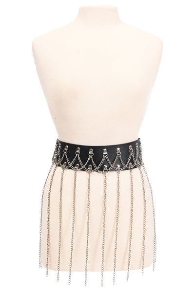 Black Faux Leather & Silver Chain Fringe Skirt