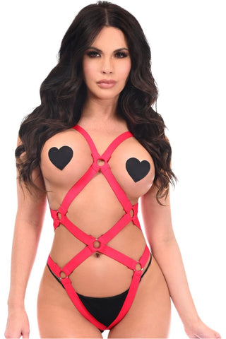 BOXED Red Stretchy Body Harness Bodysuit w/Silver Hardware