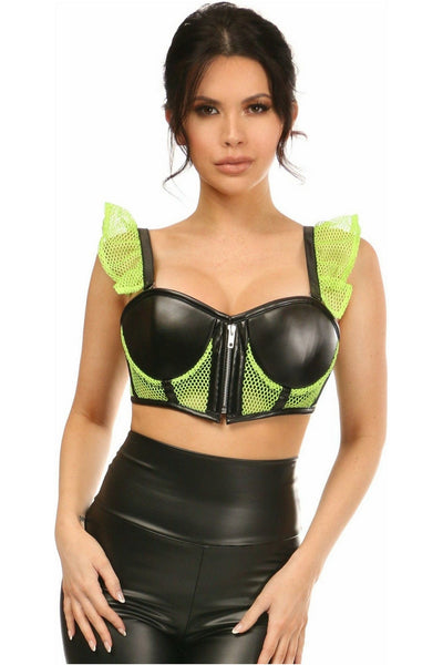 Lavish Neon Green Fishnet & Faux Leather Underwire Bustier Top w/Removable Ruffle Sleeves