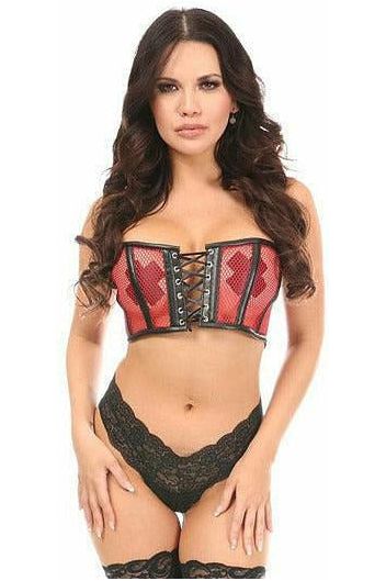 Lavish Red Fishnet & Faux Leather Lace-Up Short Bustier Top - Daisy Corsets