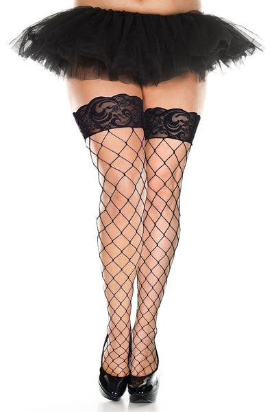 Black Lace Top Diamond Net Thigh Hi Stockings
