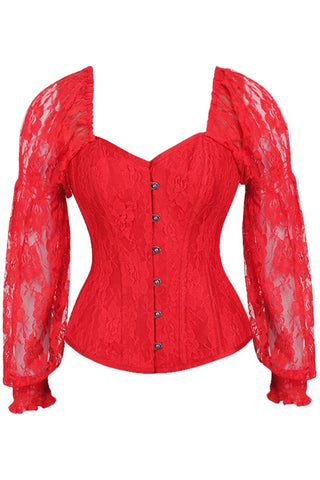 Top Drawer Red w/Red Lace Steel Boned Long Sleeve Corset