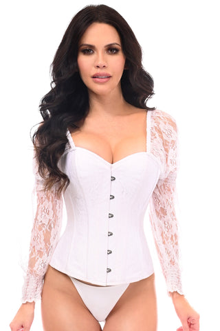 Top Drawer White w/White Lace Steel Boned Long Sleeve Corset