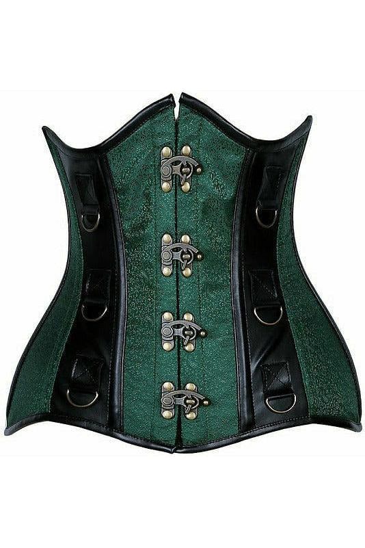 Top Drawer Dark Green Brocade & Faux Leather Steel Boned Under Bust Corset - Daisy Corsets